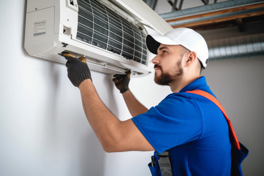 HVAC technician installing a mini split air conditioner in Camarillo
