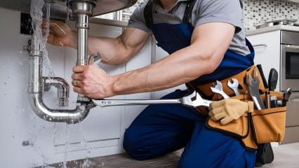 Plumber repairing pipes beneath a sink in Camarillo