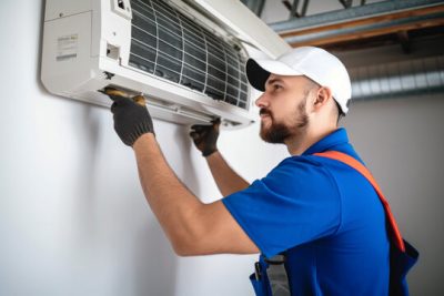 HVAC technician installing a mini split air conditioner in Camarillo