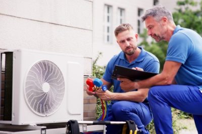 HVAC technicians installing an outdoor air conditioning unit in Camarillo